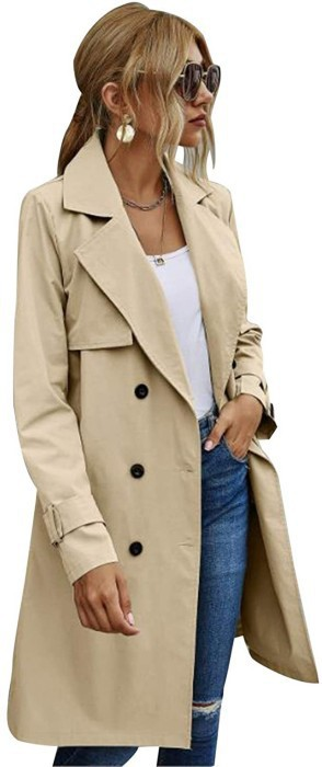 Trench slim doppiopetto doppiopetto in vita con lacci in tinta unita alla moda da donna_voghion.com
