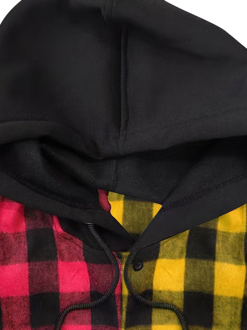 Felpa con cappuccio a quadri, con cappuccio in flanella e con cappuccio a contrasto, con cappuccio di tendenza alla moda di New York da uomo_voghion.com