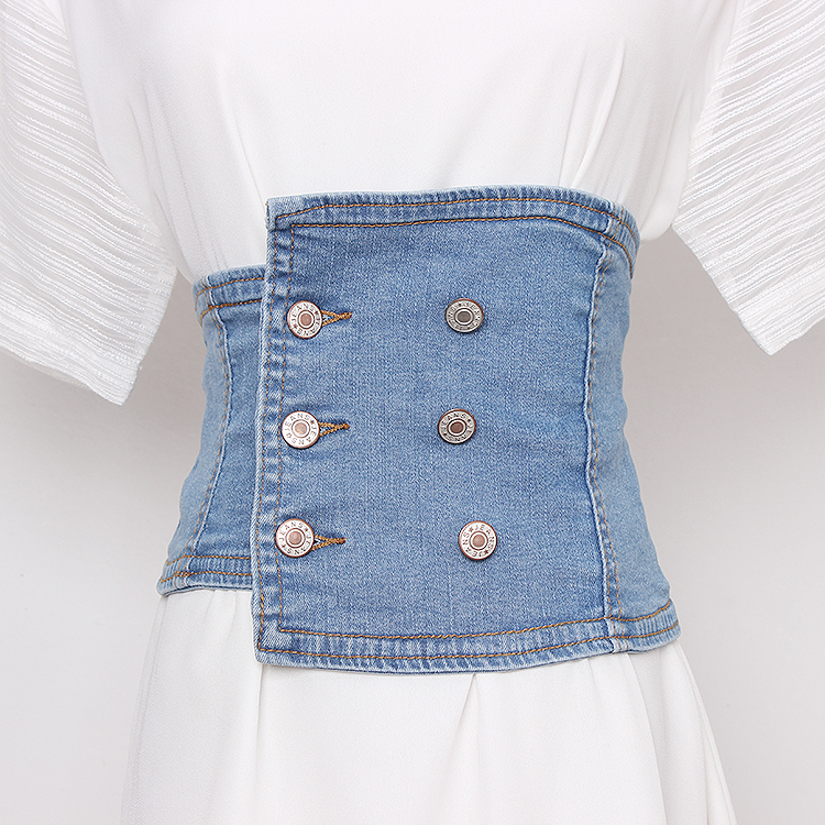 2020 neuer trendiger asymmetrischer zweireihiger geknöpfter Stretch-Denim-Hüfthalter für Damen mit Rock, Hemd und Jeans_voghion.com