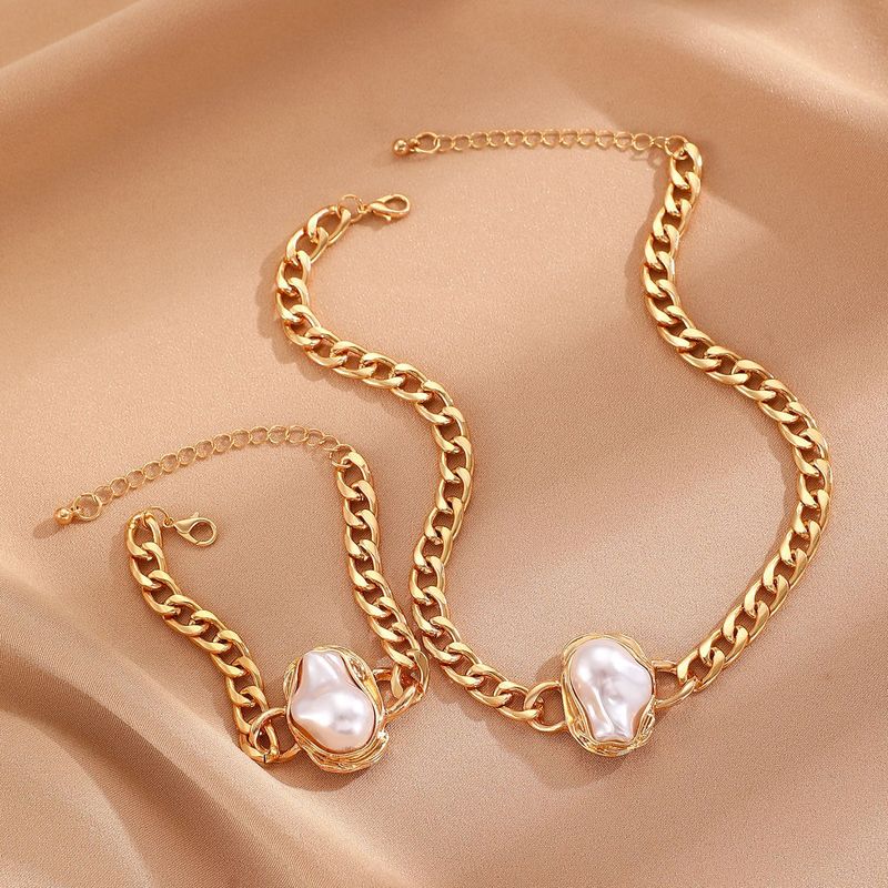Baroque Irregular Pearl Bracelet Necklace Set Jewelry For Women Fashion Cuban Chain Choker Ring_voghion.com