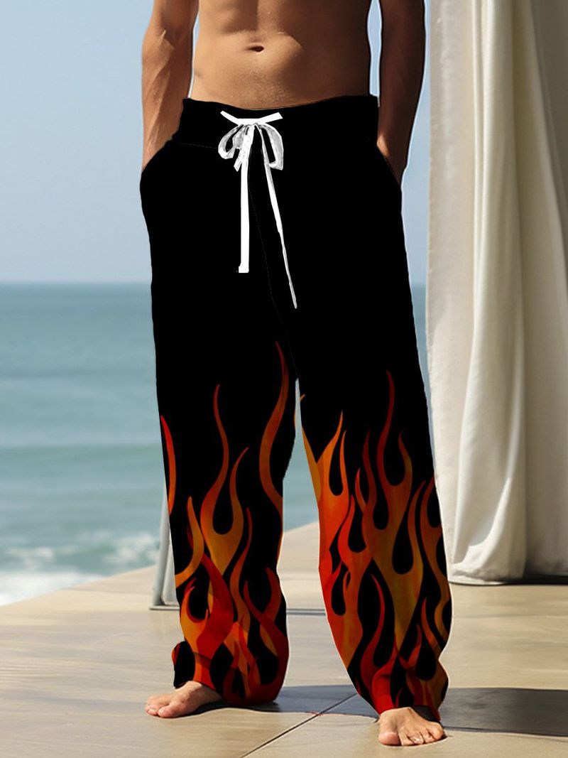 Pantalon de sport décontracté pour hommes printemps et automne tube droit ample double poche cordon de serrage avec imprimé flamme nouveau style_voghion.com