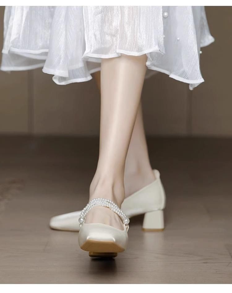 Scarpe col tacco alto per donna 2025, nuovo outfit estivo quotidiano con gonna con tacco spesso, damigella d'onore, punta quadrata con perle, Mary Jane singola_voghion.com