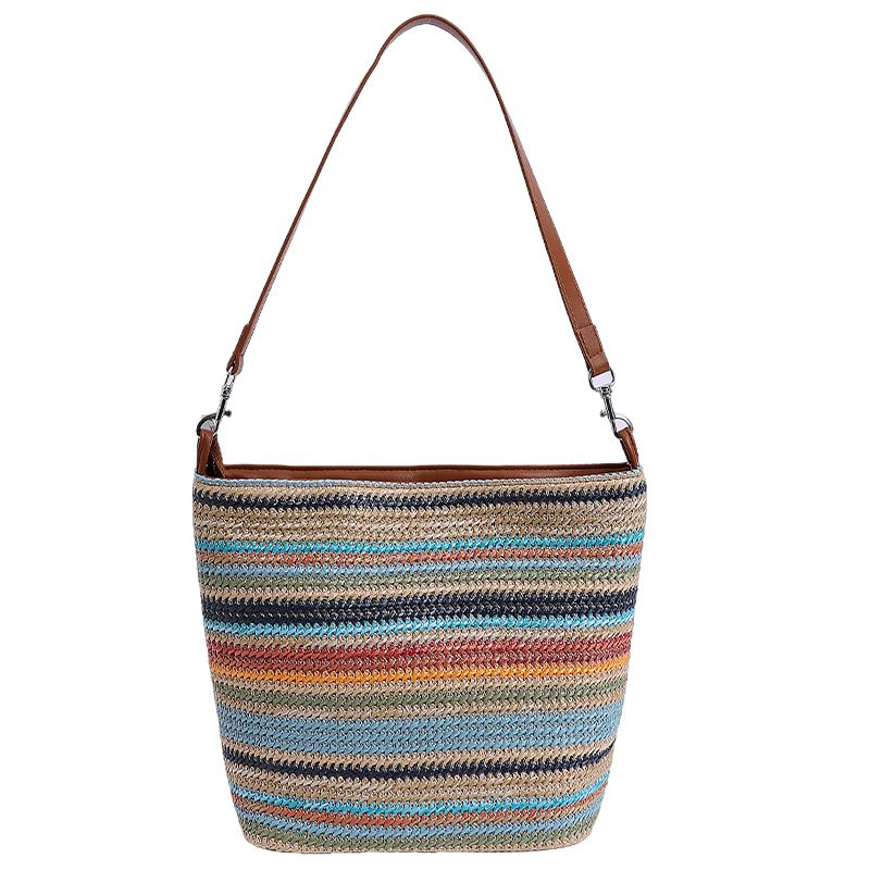 Autumn Winter Rainbow Striped Straw Underarm For Women 2025 New Niche Simple Casual Beach Shoulder Bucket Bag_voghion.com