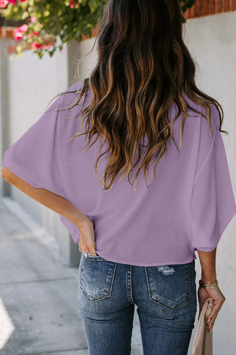 Camiseta informal holgada de gasa con cuello en V para mujer_voghion.com