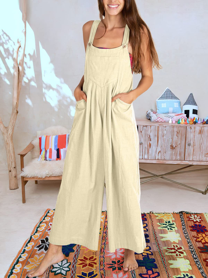 Women's clothing solid color loose casual cotton and linen overalls jumpsuit_voghion.com