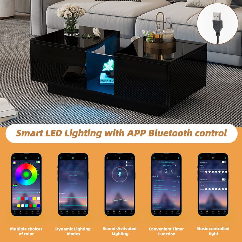 Table basse moderne à LED avec 2 tiroirs, 100 x 50 x 35 cm, plateau en acrylique noir brillant avec éclairage LED, table d'appoint en MDF pour salon et chambre._voghion.com