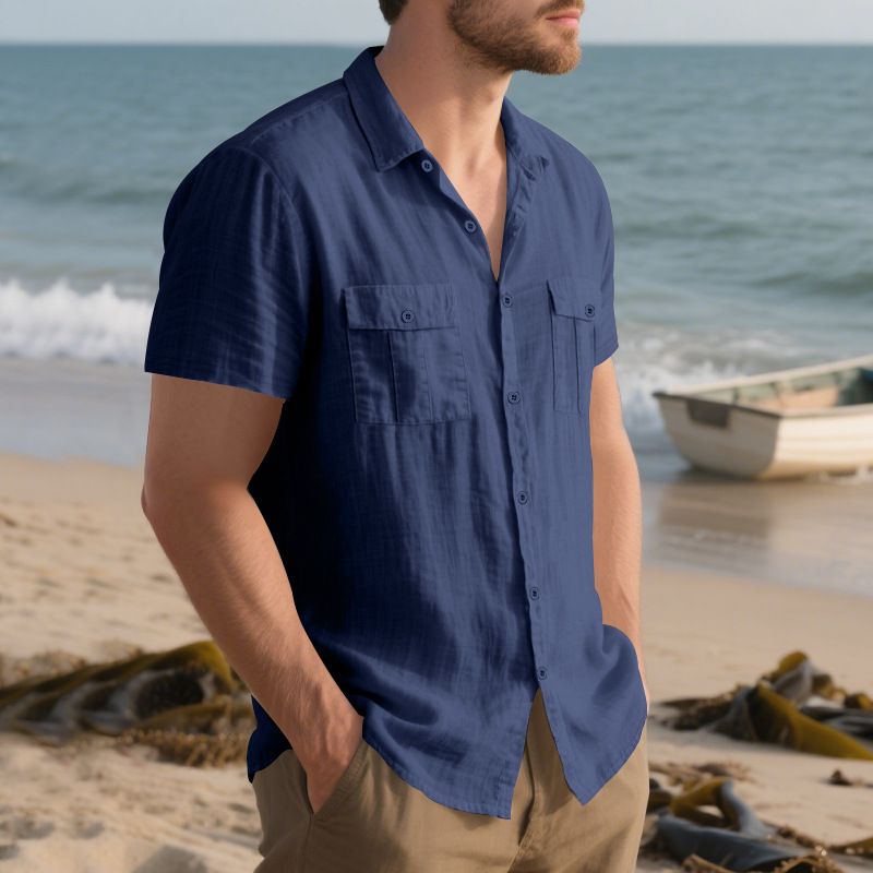 Herren Sommerhemd, amerikanisch, locker, Strand, atmungsaktiv, lässig, Leinen, mehrere Taschen, geknöpft, Arbeitskleidung, kurzärmelig_voghion.com