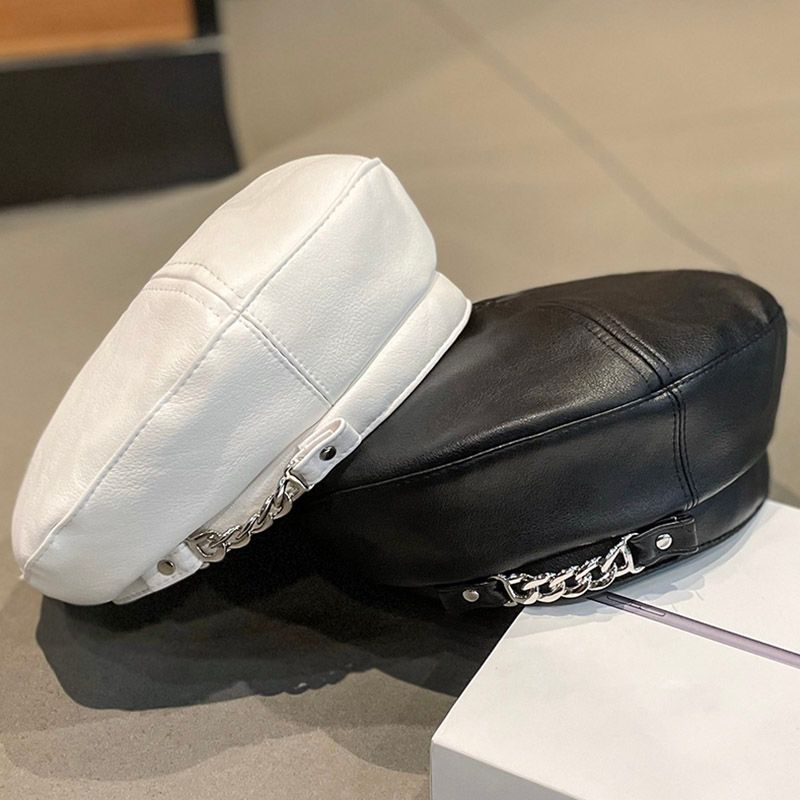 Hot Rea Kvinnor 2024 Vinter Pu Läder Kedja Barette Målare Basker Kepsar för Dam Flickor Hattar Trendig Hatt Elegant Basker_voghion.com