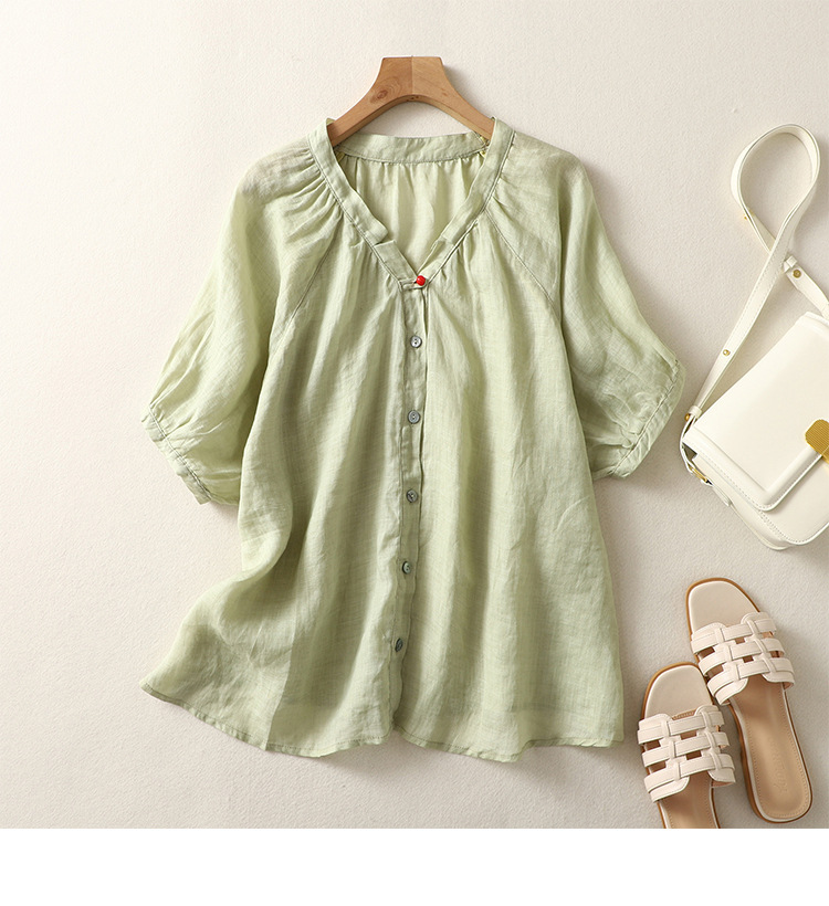 Camicia da donna in cotone e lino, semplice e ampia, a maniche corte_voghion.com