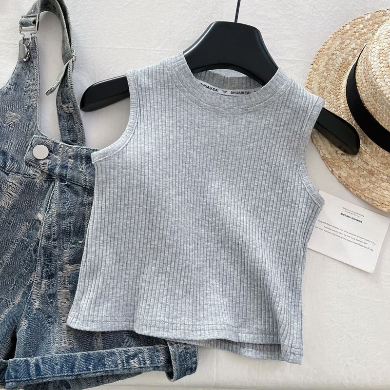 Vêtements pour enfants, ensemble d'été pour filles, haut sans manches et short en jean imprimé, ensemble deux pièces, tenue tendance pour bébé fille_voghion.com