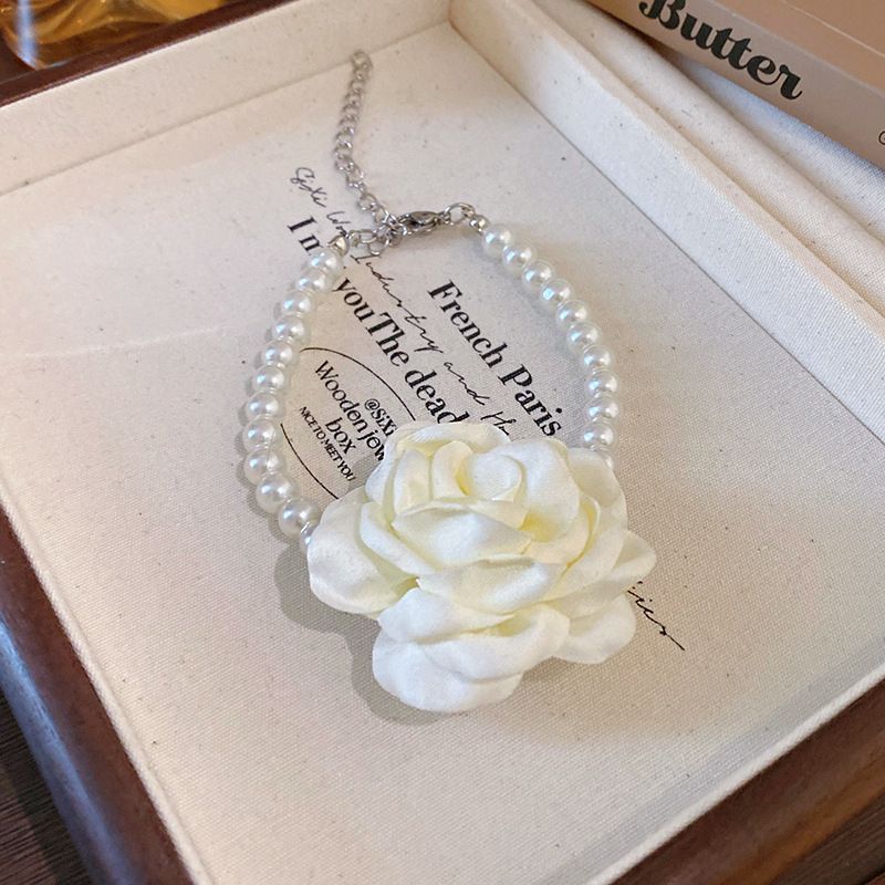 Collier ensemble de perles de fleurs en tissu, nouvelle chaîne minimaliste de clavicule perlée de tempérament doux français, décoration de cou pour_voghion.com