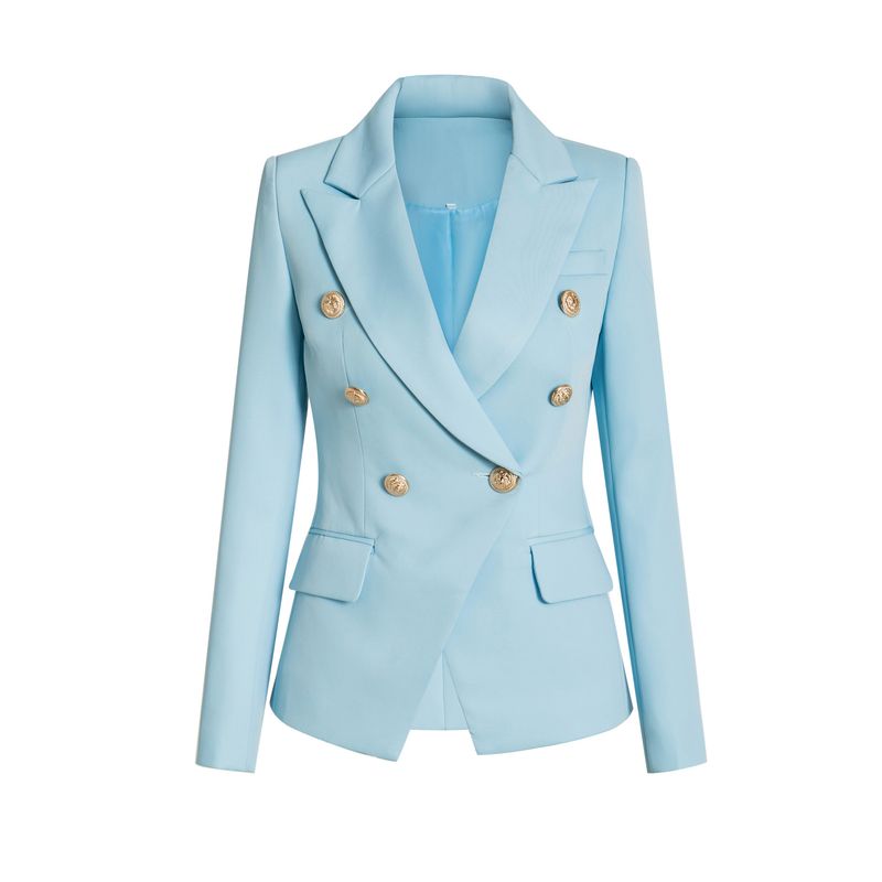 Women's Clothing New double breasted blue double breasted temperament commuter cotton suit solid color slim suit collar jacket_voghion.com