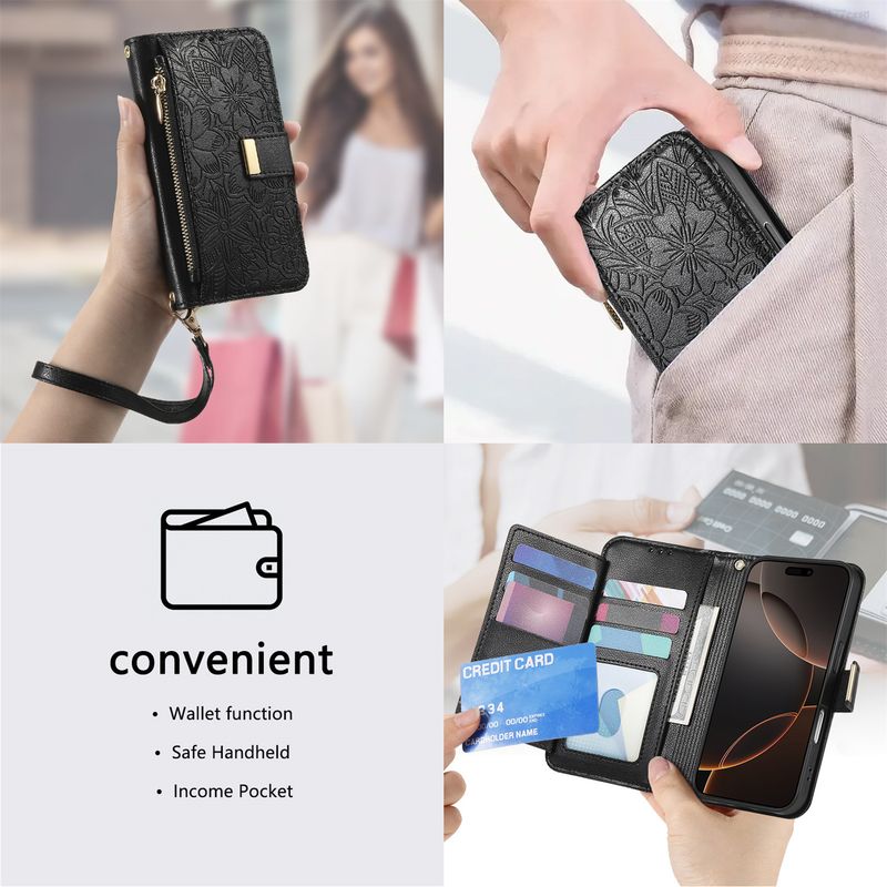 Custodia elegante e alla moda in pelle con flip per iPhone Air e 17 Pro di TechGlobe, con portafoglio a forma di fiore e foglia._voghion.com