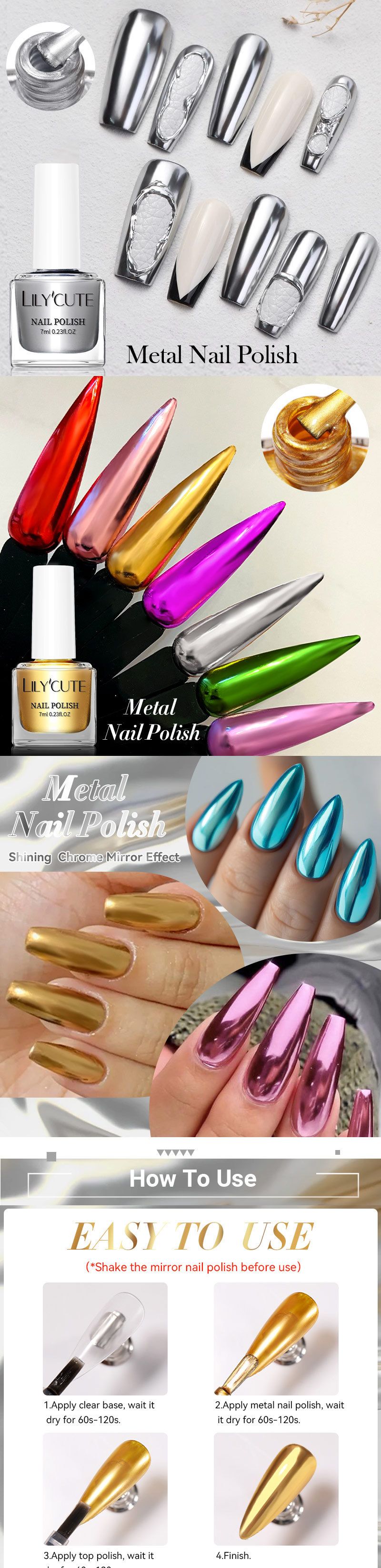 Smalto per unghie effetto specchio metallizzato - Senza cottura ad asciugatura rapida | Smalto per unghie lucido e brillante multicolore per manicure istantanea_voghion.com