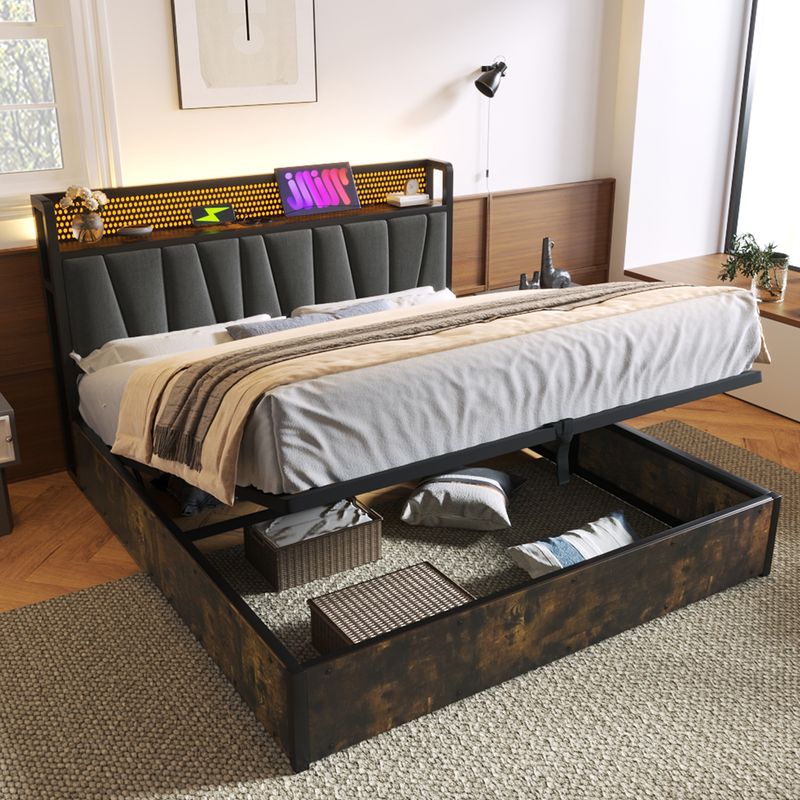 Cadre de lit en métal Polsterbett avec éclairage LED et application de contrôle pour lit double 140 x 200 cm, tête de lit et matelas à chargement USB inclus_voghion.com