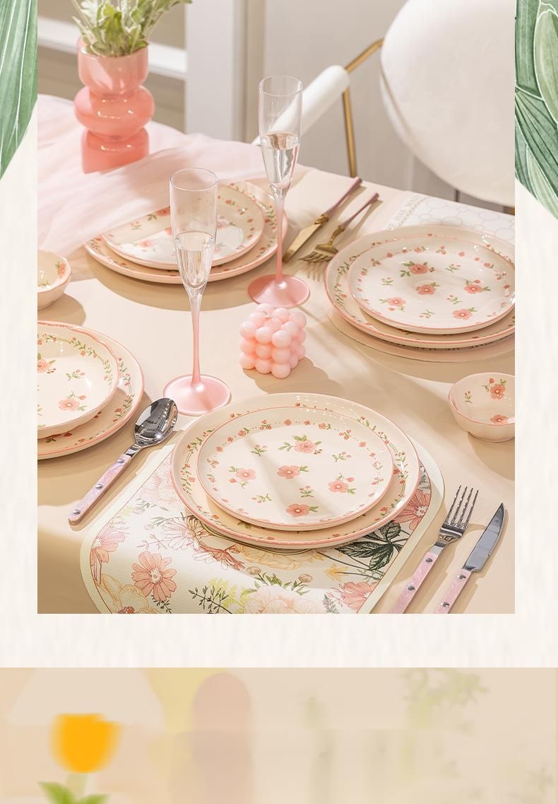 Romantic Pink High-Value Bowl Plate Set Home Use, Beautiful For Girls, Dining Bowls And Plates, Ceramic Underglaze Color_voghion.com