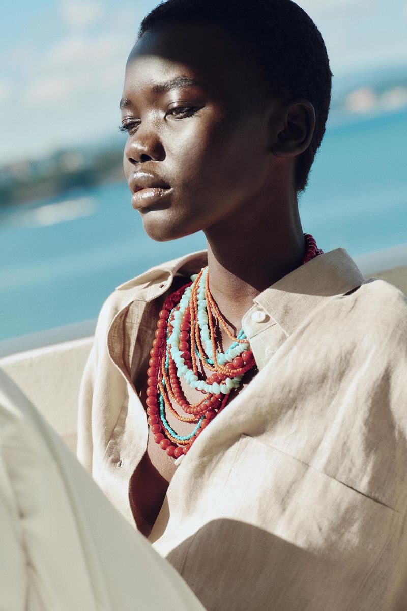 Collar de grava con cuentas de arroz hecho a mano de múltiples capas de moda con personalidad turquesa apilada, joyería para mujer_voghion.com