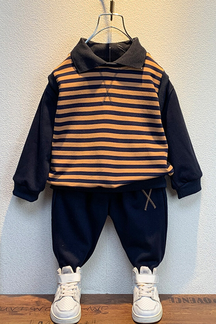 Chlapecký pruhovaný pletený set na jaro/podzim 2023, nový dětský stylový a ležérní dvoudílný set, ve westernovém stylu pro miminka_voghion.com