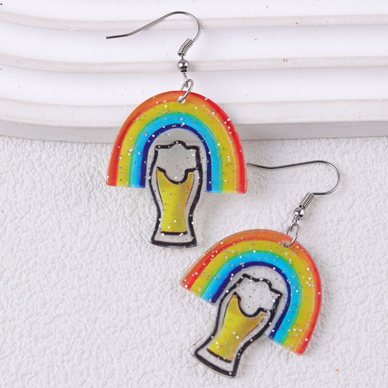Boucles d'oreilles en verre à vin arc-en-ciel en acrylique, style créatif, pour le festival de la bière Clover_voghion.com
