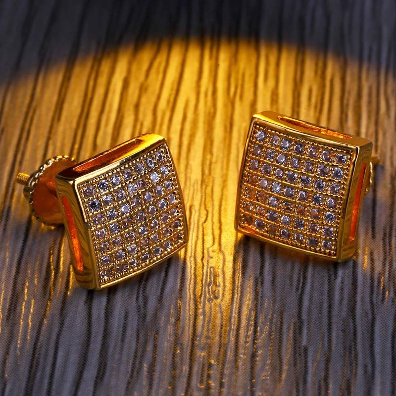 Orecchini a filo quadrati placcati in oro – Gioielli Hip Hop con micro intarsi in zirconi per uomo_voghion.com