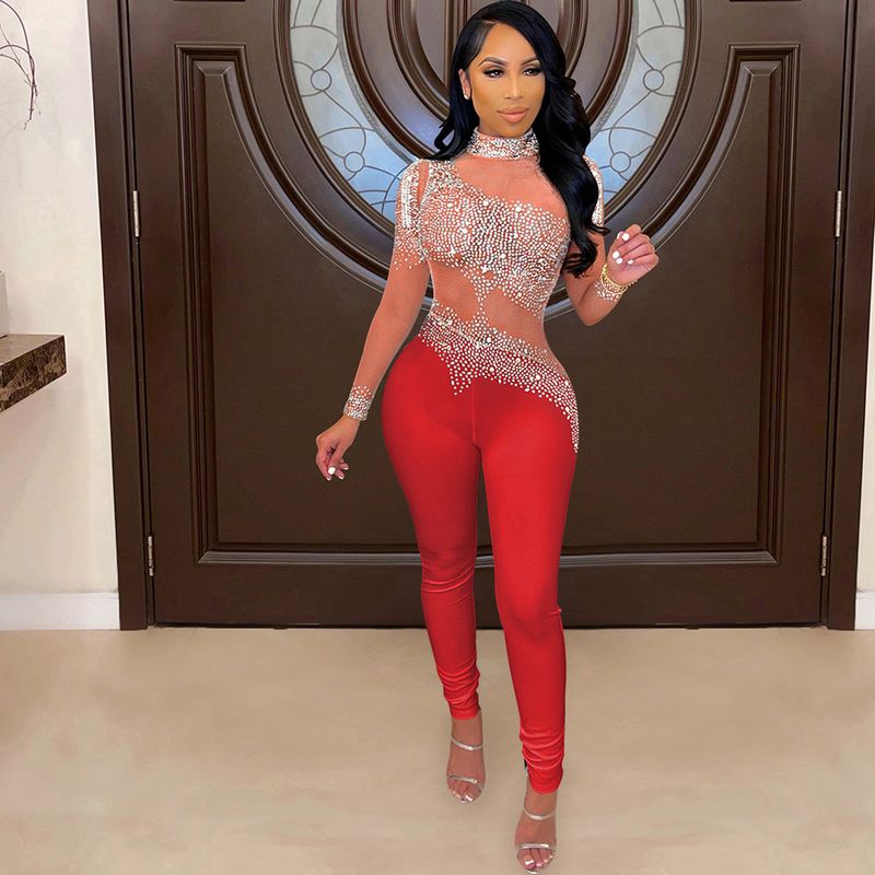 Damenbekleidung Mode Sexy Mesh Durchsichtige Heiße Diamanthose Langärmeliger Overall Für Frauen_voghion.com