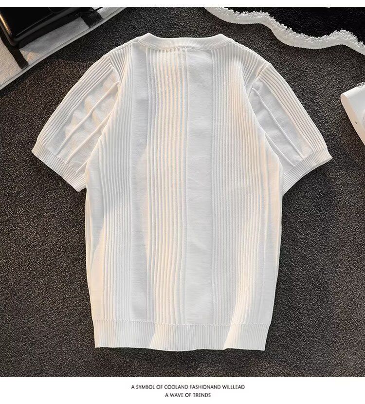 Männerkleeder Kuerzärm Pullover fir Männer am Summer, einfacht an villfältegt Design, gestreift hallefärmlech Ronnhals gestrickt T-Shirt_voghion.com