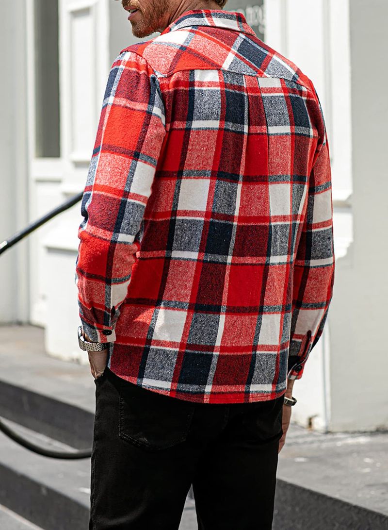 Herrenbekleidung kariertes Hemd langärmlige Knopf-Freizeitjacke_voghion.com