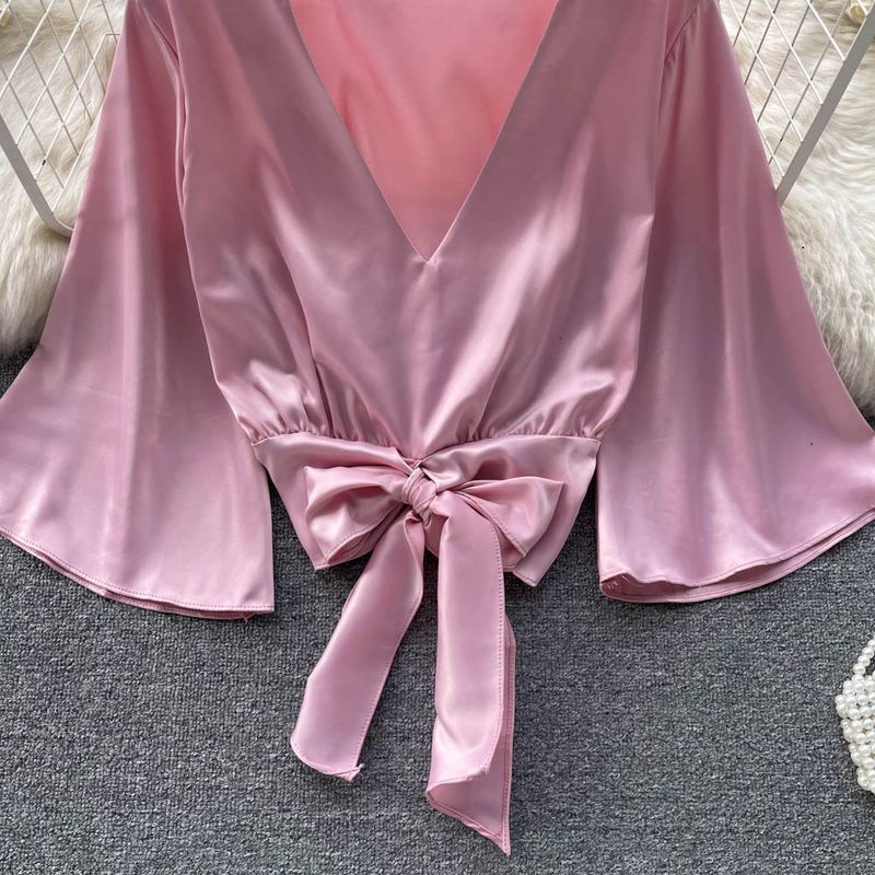 Ženska oblačila, pomlad in jesen, nov metuljček z V-izrezom, ohlapna satenasta srajca z napihnjenimi rokavi, ženski kratki top_voghion.com