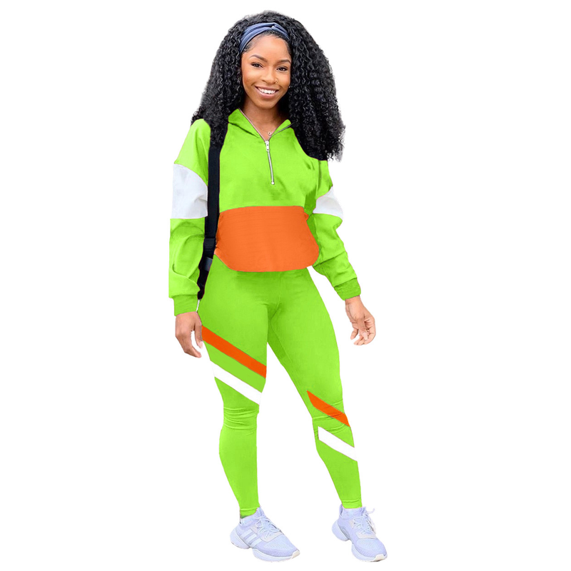 Zweiteiliger Freizeit-Sportanzug für Damen im Farb-Patchwork-Design_voghion.com