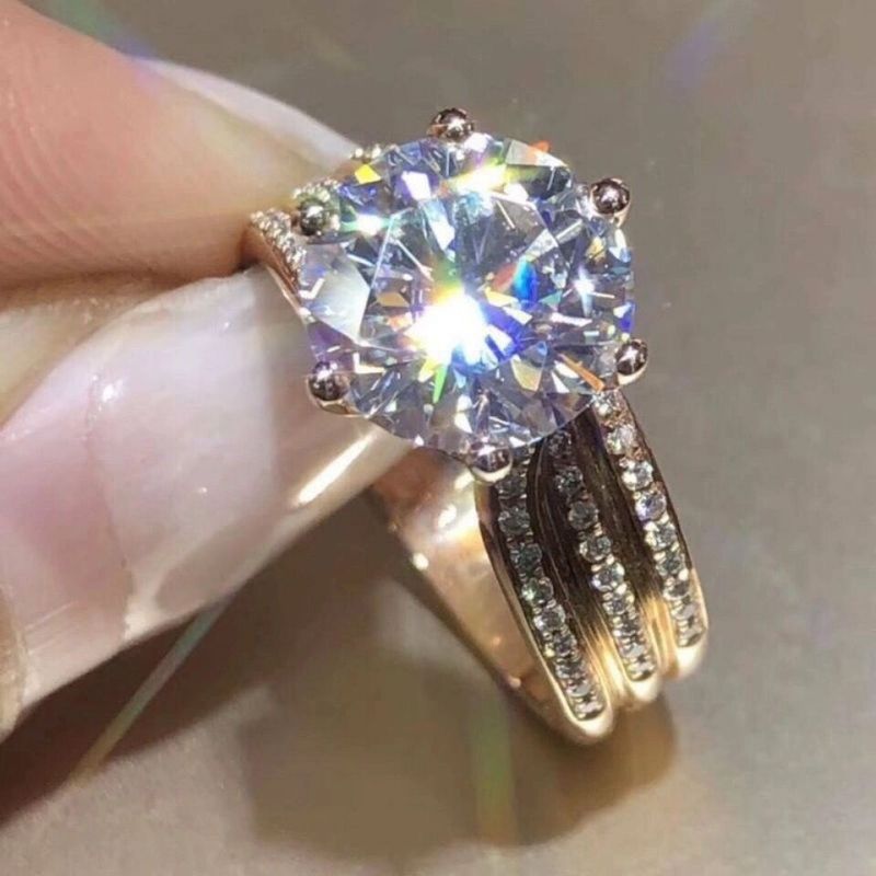 Platin Mosang Steen Diamantring Damen Luxus Grupp Six Claw Roségold Hochzäitsring fir Koppelen_voghion.com