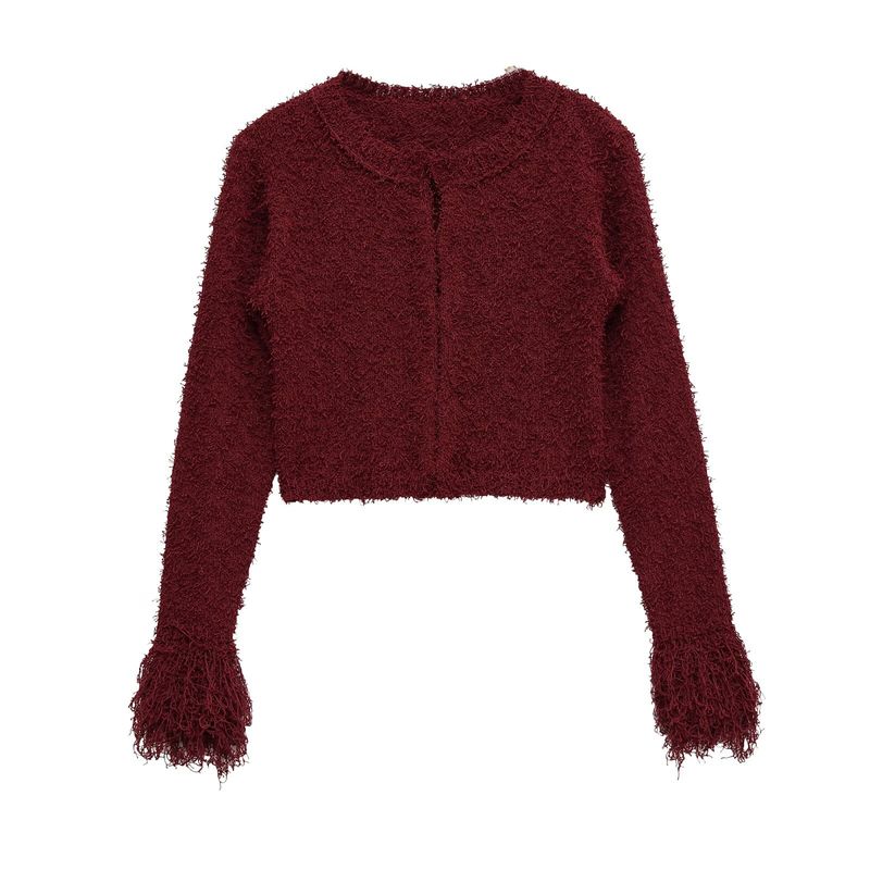Fall Women's Boho Fringe Knit Cardigan – Long Sleeve Round Neck Polyester Open Front Sweater (S-L, Oversized Fit, Wine Red, Streetwear Chic)_voghion.com