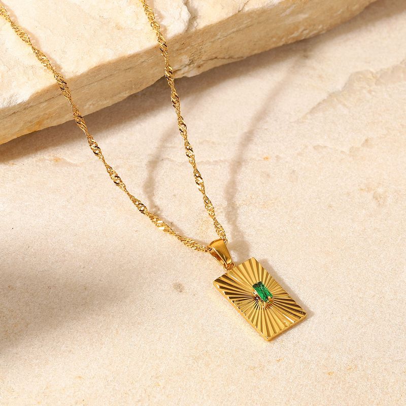 French Emerald Zircon Inlaid Split Flower Rectangle Pendant INS Wind Gold Stainless Steel Necklace Ornament Female_voghion.com