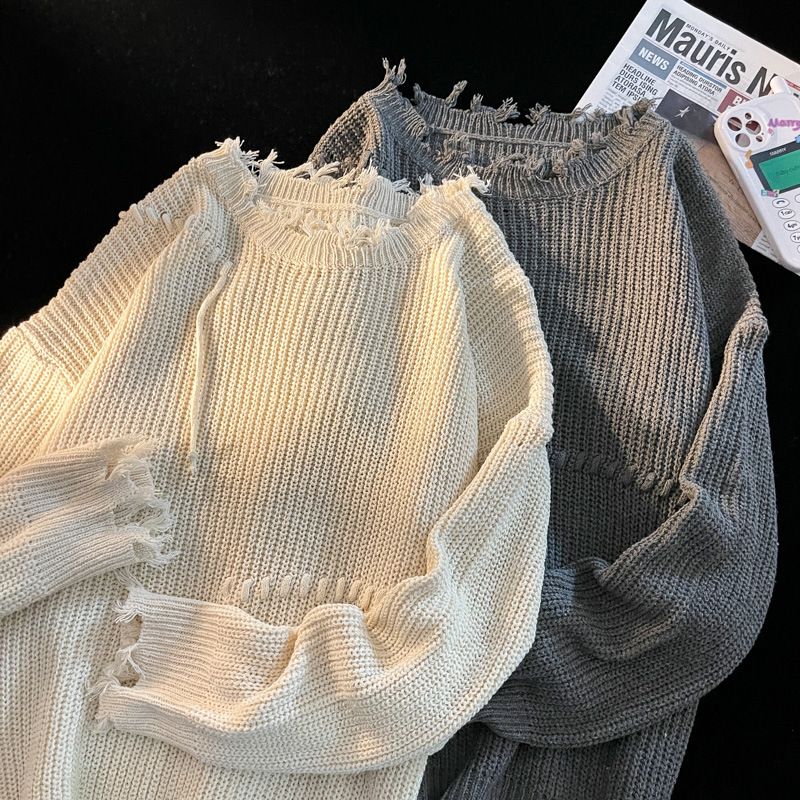 Distressed Knit Sweater – Unisex Oversized Pullover With Raw Hem & Ripped Details (S-3XL, Beige/Black/Gray)_voghion.com