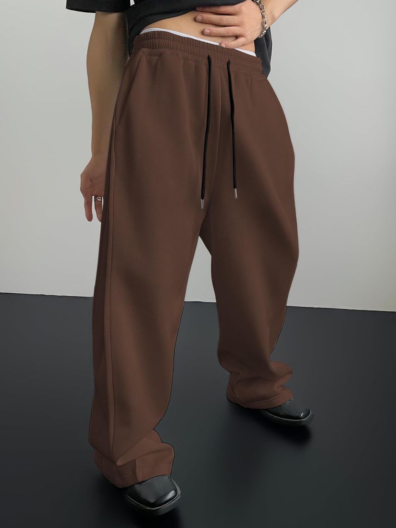 Calça de moletom masculina com cordão, reta, perna larga, bolso solto, calça casual, calça esportiva_voghion.com