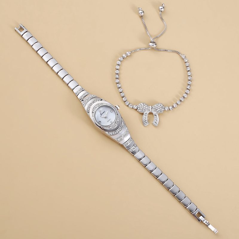 Diamond studded small dial thin strap personalized trendy steel strap quartz watch + bracelet (2pcs/set)_voghion.com