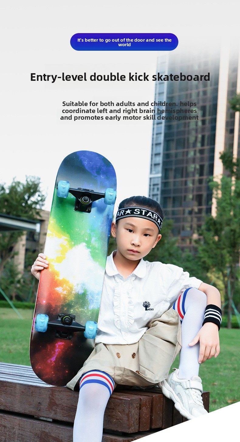 Beginner Four-Wheel Men Women, Double Kick, Light-Up Maple Board, Road Skateboard For Adults, Children, And Teenagers,_voghion.com