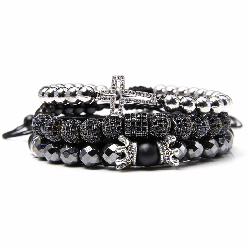 Natuursteen combinatie set ronde kralen armband micro ingelegde Boheemse kruiskralen_voghion.com