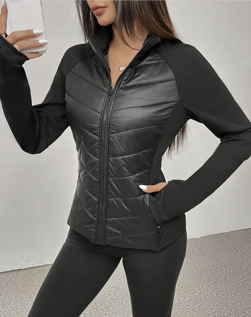 Damen Slim-Fit Patchwork Steppjacke - Stylischer Polyester-Baumwollmantel mit Stehkragen, Elegantes Schwarz, S-XXL (Perfekt für Arbeit & Freizeit)_voghion.com