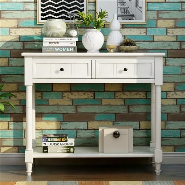 Console Table Traditional Design With Two Drawers And Bottom Shelf (Ivory White)_voghion.com