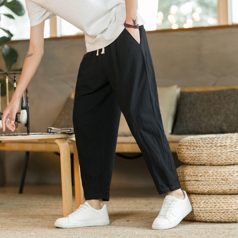 Pantaloni larghi leggeri da uomo in stile pendolare coreano, design corto con elastico in vita per un utilizzo versatile_voghion.com