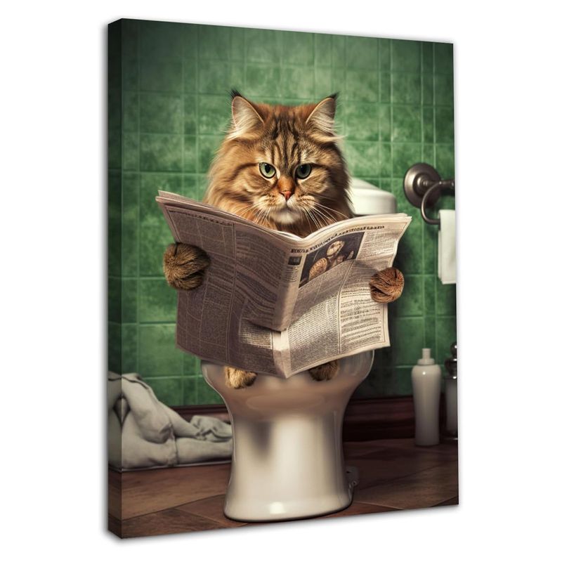 Cat Reading Newspaper In The Toilet Canvas With Frame And Frameless Art Wall Painting For Living Room Decoration_voghion.com