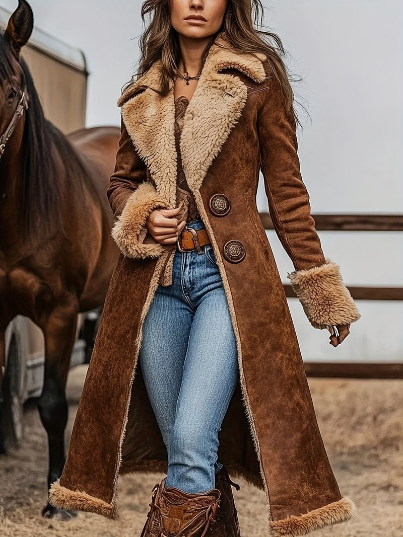 Giacca invernale da donna in stile western vintage marrone con polsini in montone, doppiopetto, foderata in pile, lunga fino al ginocchio_voghion.com