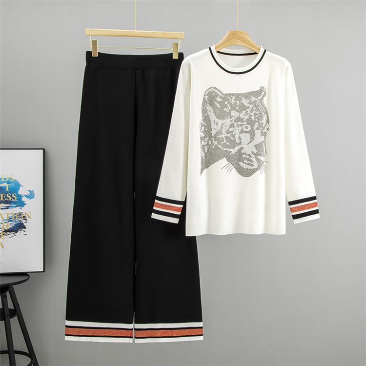 Ensemble en tricot imprimé léopard et strass pour femme : pull et pantalon surdimensionnés, deux pièces_voghion.com
