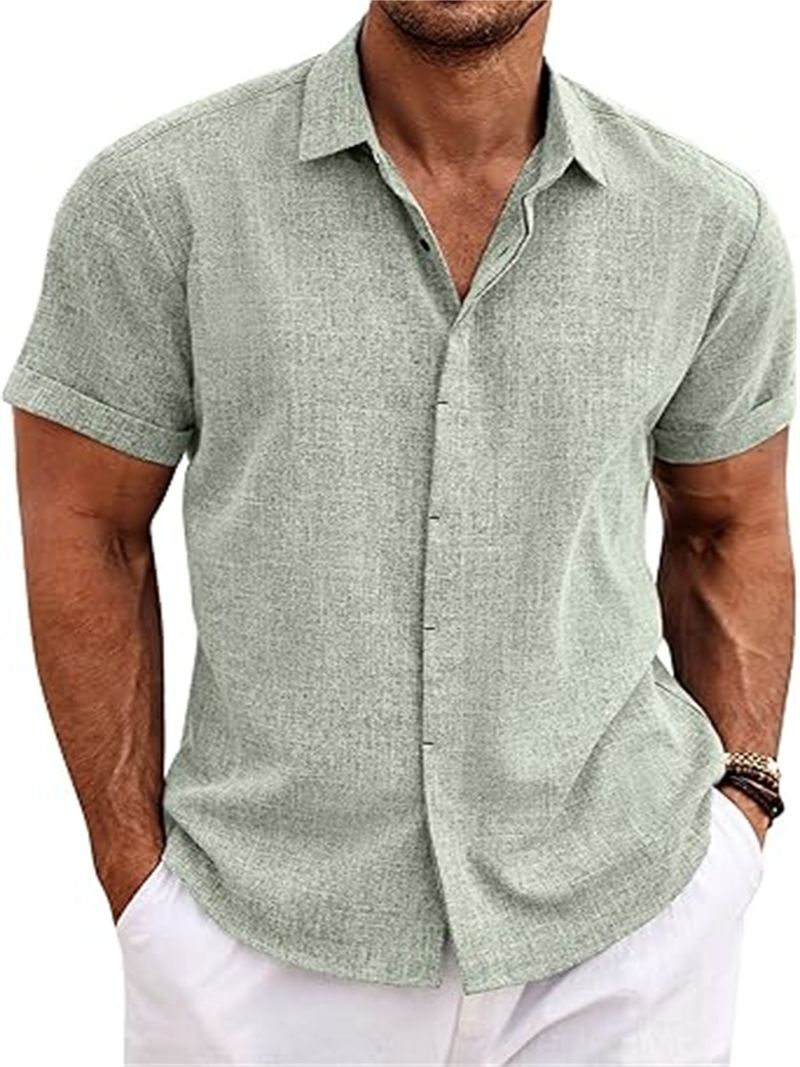 Herrenbekleidung Herren Leinenhemd Kurzarm Freizeithemd Button-Down-Hemd Herren Strand Sommer_voghion.com