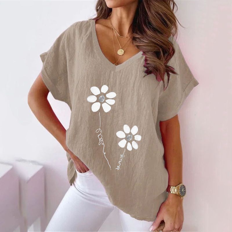 Maglietta casual a maniche corte con scollo a V e stampa in cotone e lino, da donna, taglie forti, estate 2025_voghion.com