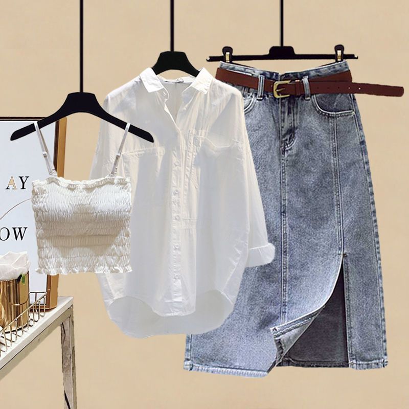 Damenbekleidung Frühlingsanzüge für Damen Neue große Damenmode Hemdoberteile Schlanker Jeansrock für Damen Dreiteiliger Anzug_voghion.com