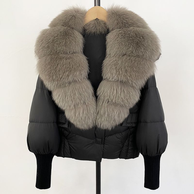 Women's Winter Fox Fur Collar Short Puffer Jacket, 90% White Duck Down, Detachable Hood, Petite-Friendly Cropped Coat_voghion.com