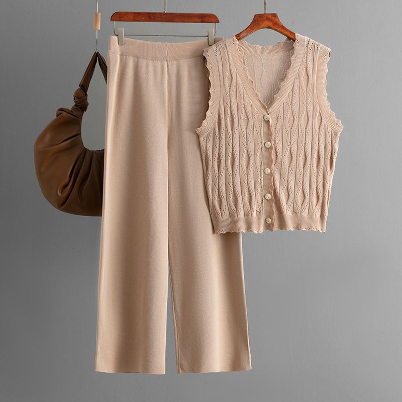 Women's Clothing Summer New Simple Cardigan Loose Sleeveless Knitted Vest Suit + Wide Leg Pants Knitted Two Piece Suit For Women_voghion.com