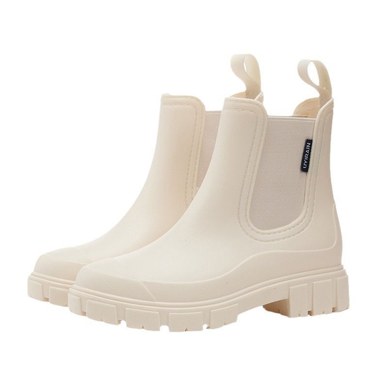 Damen Regenstiefeletten mit Gummizug im neuen Stil, wasserdicht, mittelhoch, rutschfest, für drinnen und draußen_voghion.com