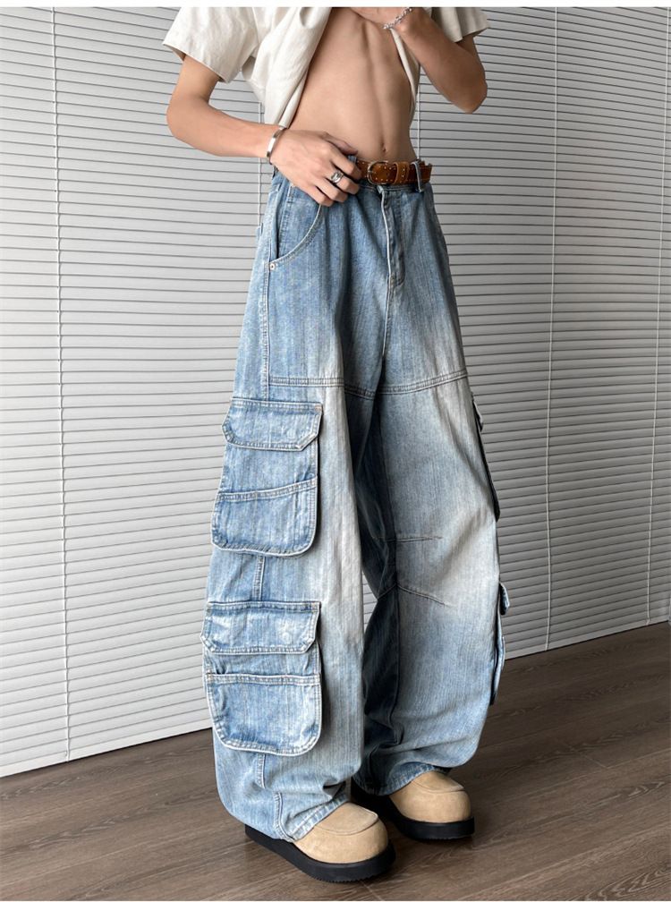 Pantalon de travail ample à jambes larges et délavé pour homme, marque de mode de grande rue, style rétro_voghion.com